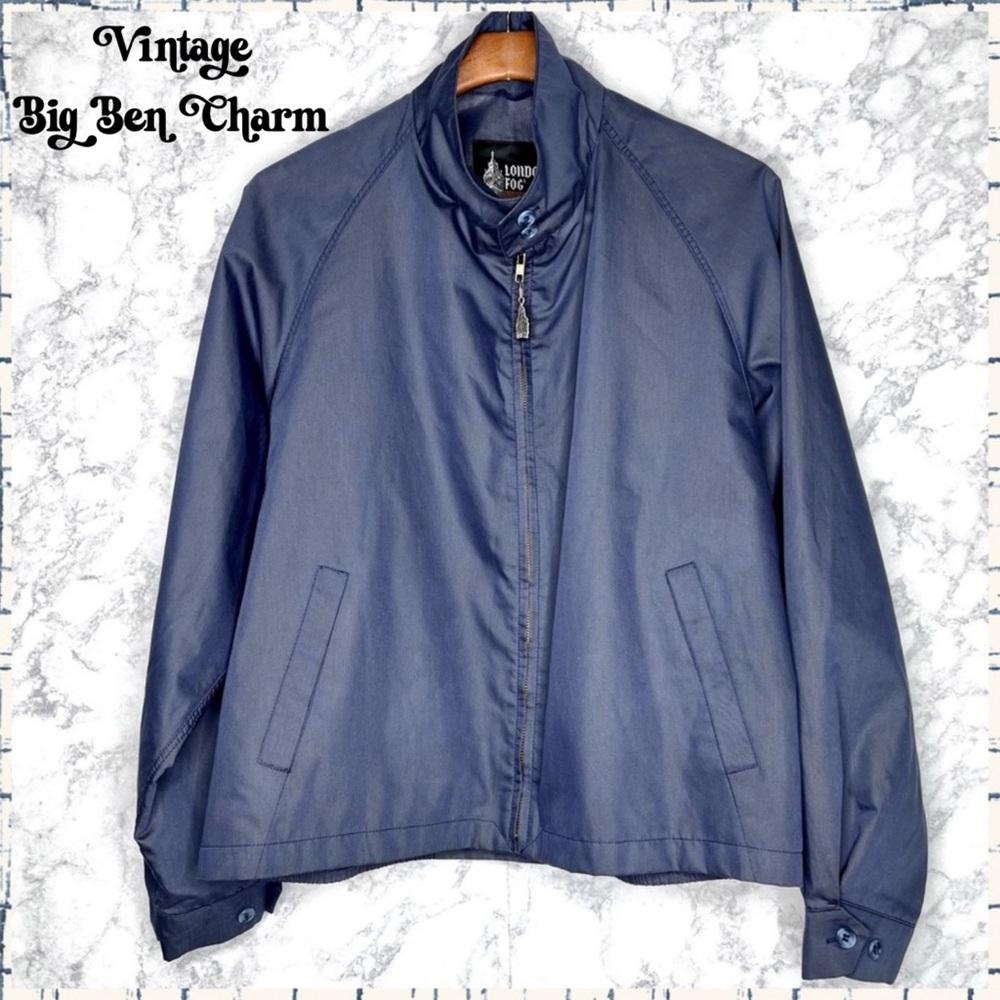 London Fog 80s Blue Zip Bomber Jacket Mens 46R Windbreaker Big Ben Charm